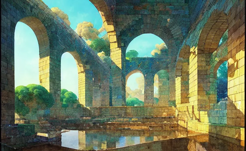 Image similar to tiled room squared waterway, aqueducts, fantasy. intricate, amazing composition, colorful watercolor, by ruan jia, by maxfield parrish, by marc simonetti, by hikari shimoda, by robert hubert, by zhang kechun, illustration, gloomy