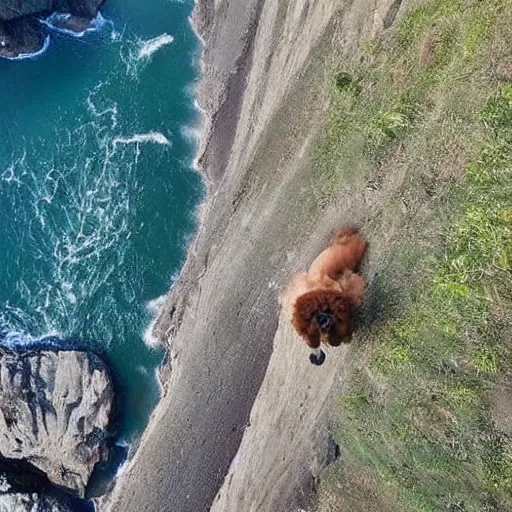 Image similar to a hairy dog with a big parachute jumping from a cliff. captured by a drone. wide camera. epic