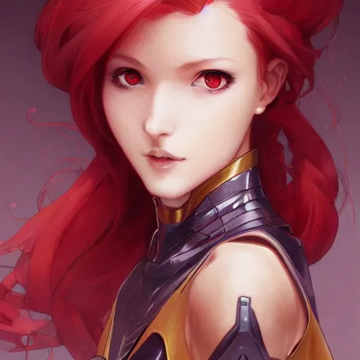 Image similar to a cool red - bun - haired anime girl. she is dressed as a superhero. clean elegant painting, beautiful detailed face. by artgerm and greg rutkowski and alphonse mucha, seoul, south korea, trending on artstation