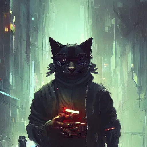 Prompt: cyberpunk cat by greg rutkowski, trending on artstation