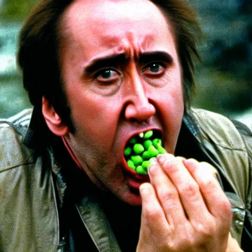 Image similar to nicolas cage screaming with a mouth full of peas, movie still, the wicker man