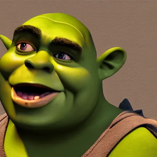 Image similar to handsome shrek, half body shot, path traced, fight scene, highly detailed, high quality, digital painting