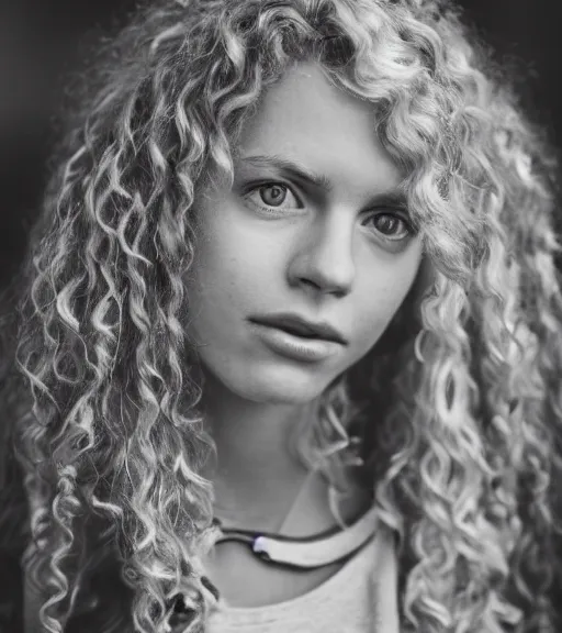 Image similar to a professional 8 5 mm highly detailed portrait of annabeth chase, a caucasian eighteen year old girl that looks like a california valley girl, intense stormy gray eyes, blonde curly hair, professional photography, midday lighting, defiant, beautiful