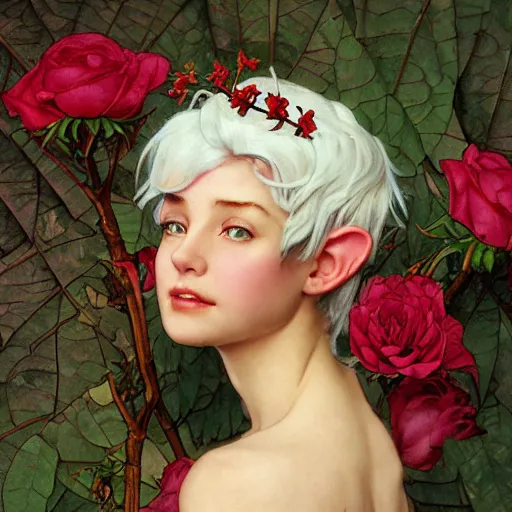 Image similar to profile portrait of a young fantasy elf princess, head only, headshot, royalty, surrounded by thorns and roses, white hair, light skin, mouth slightly open, thorn border, thorn background. by Stanley Artgerm Lau , greg rutkowski, thomas kindkade, alphonse mucha, loish, norman rockwell, J. C. Leyendecker. D&D, fantasy. Trending on artstation rule of thirds, detailed illustration, detailed lighting hd 4k