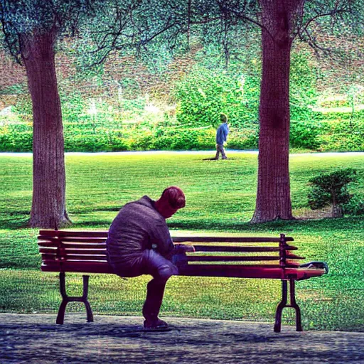 Image similar to a man sitting on a bench in the park writing in his notebook, a guitar is next to him on his bench, digital art