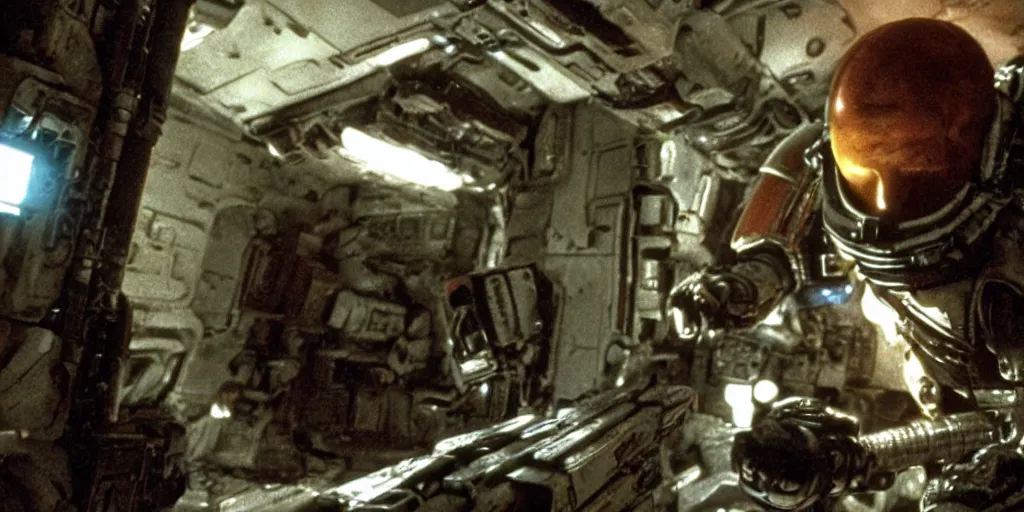 Prompt: color film still, a space marine exploring the interior of a dark, badly cluttered settlement ; alien 2 ( 1 9 8 6 )