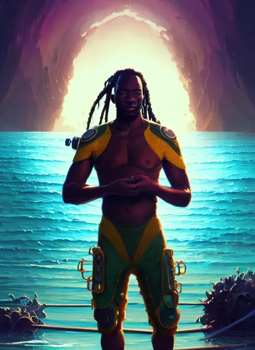 Image similar to portrait of a jamaican fisherman sci - fi glowing fishing armor muscular cyberpunk intricate elegant highly detailed digital painting artstation concept art, ocean fish background, greg rutkowski, loish, rhads, ferdinand knab, makoto shinkai and lois van baarle, ilya kuvshinov, rossdraws, tom bagshaw