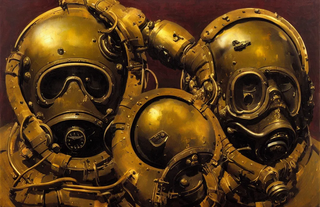 Prompt: portrait of deep sea diver helmet, the notorious b. i. g.!!!!!!!!!!!!!!!!!!!!!!!!!!!, detailed skull face, detailed painting, epic lighting, by ilya repin, phil hale and kent williams