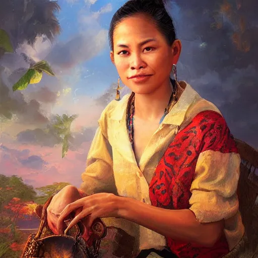 Image similar to portrait of an philipino woman ( 3 5 ) from the philippines in 2 0 2 1, an oil painting by ross tran and thomas kincade