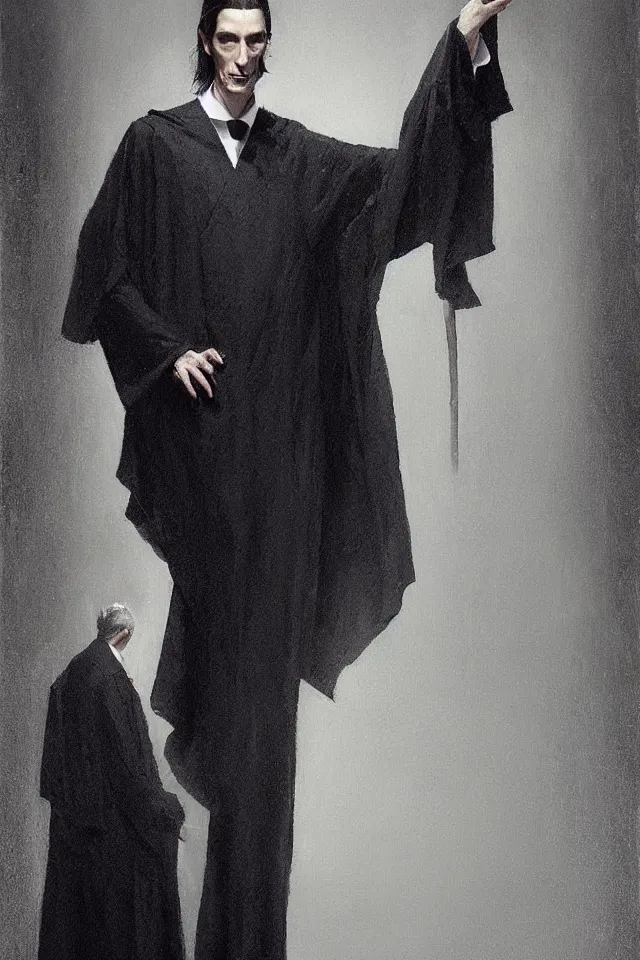 Prompt: painting of a beautiful tall thin man with pale skin, in black robes by bill sienckiwicz, greg rutkowski, high detail, high contrast, rim light, atmospheric