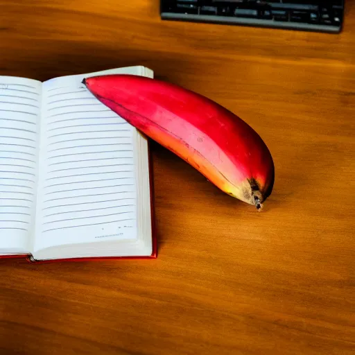 Prompt: photographic image of a red banana, on top of a yellow book, on top of a dining table, detailed, HD, cinematic