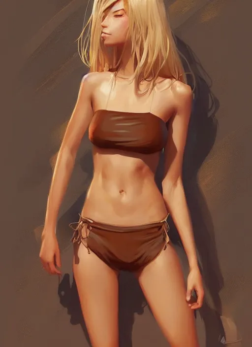 Prompt: girl wearing brown bikini, blonde hair. digital painting, by valerian city of a thousand planets, by ruan jin #, by mandy jurgens #, by artgerm #, william - adolphe bouguerea #