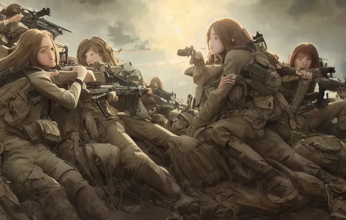 Prompt: war movie scene, squad, infantry girls, anime style, long hair, hair down, symmetrical facial features, explosions, wallpaper, from girls frontline, hyper realistic, pale skin, rule of thirds, extreme detail, high resolution, detailed drawing, trending artstation, hd, trading card, by alphonse mucha, greg rutkowski, backlit