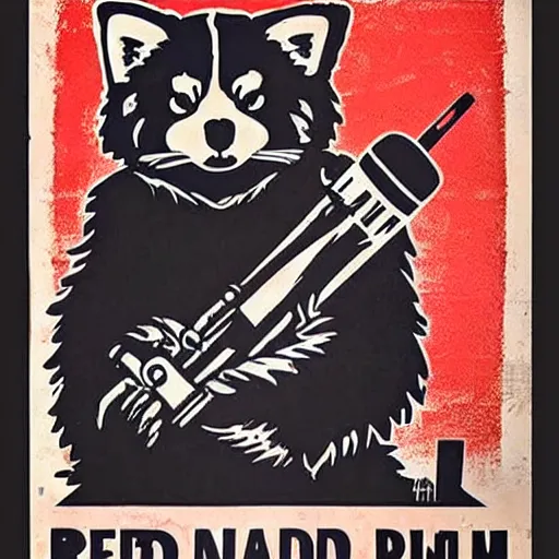 Image similar to red panda holding a rocket launcher!!! a propaganda poster!!!, stencil!!, hypnotic, historical poster, germany!!, clear view, world war, circa 1 9 3 9, stencil