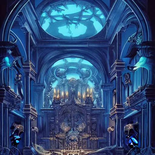 Prompt: Rafael Albuquerque comic art and artgerm, The interior of an underwater city, insanely ornamented with baroque evil golden decorations, black ornaments, ominous devilish altar made of bones, blue neon light coming from the windows, mysterious atmosphere, octane