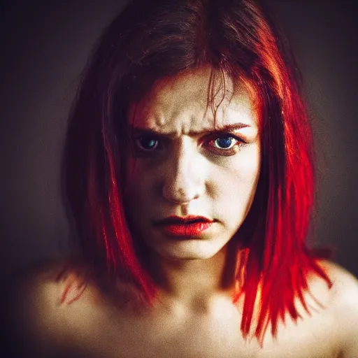 Image similar to photo of a woman. moody and melanchonic. with small amount of red and yellow