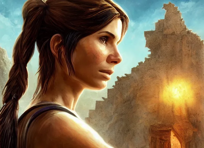 Image similar to face portrait of concentrated young Sandra Bullock as Lara Croft with pig-tails entering an incredible epic ruin, glorious sun beams, intricate, elegant, highly detailed, digital painting, short focus, illustration, Allan Lee, John Howe