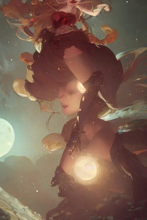 Image similar to A beautiful whimsical woman basking in the moonlight on a bed of crystals below planets, cinematic lighting, dramatic atmosphere, by Dustin Nguyen, Akihiko Yoshida, Greg Tocchini, Greg Rutkowski, Cliff Chiang, 4k resolution, trending on artstation