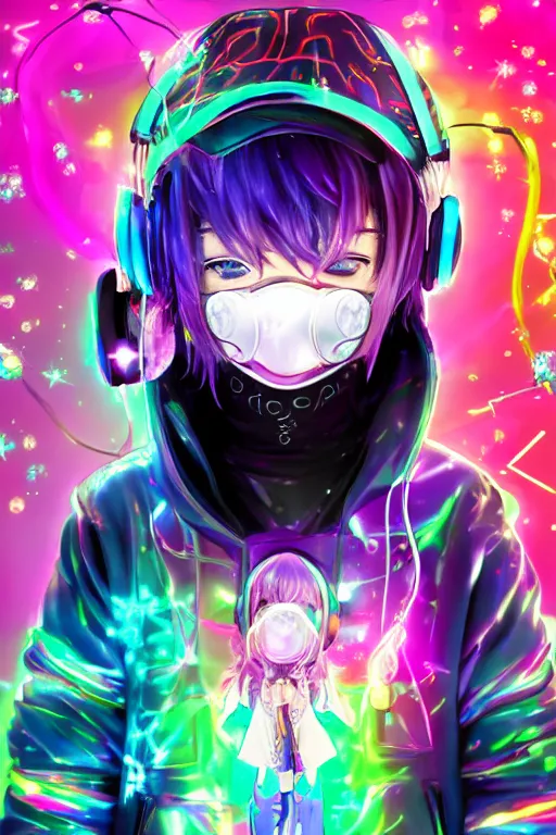 Image similar to portrait of an 3d anime character with cute sparkly eyes wearing a psychedelic holographic hoodie and headphones, long hair with pastel colors, wearing a cute face gas mask in the style of code vein by Kurumi Kobayashi Koichi Itakura, 3d anime, octane render, dynamic dramatic lighting, with glitch and chromatic abbreviations, artstation, cgsociety, imaginefx, by anime concept artist, rendered in unreal engine, by WENJR, WLOP, artgerm