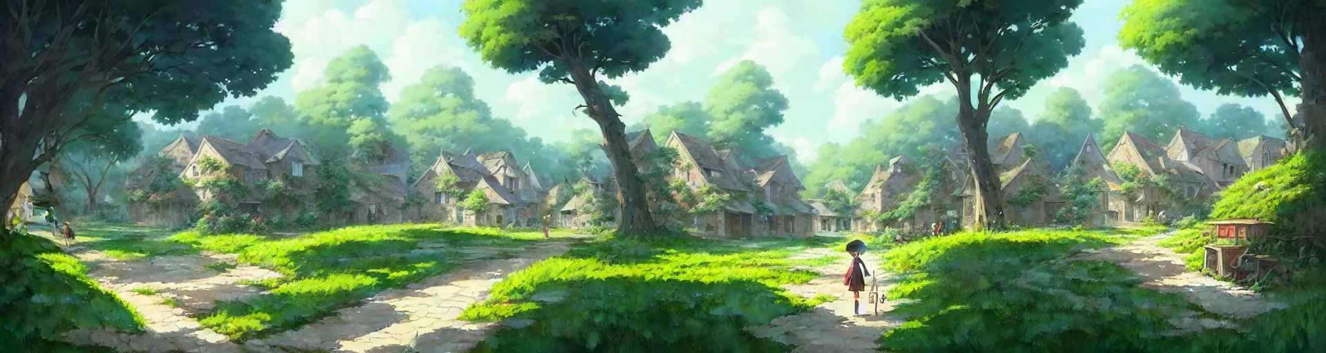 Prompt: a wholesome animation key shot of a cute empty village reclaimed by nature, abandoned, long walkway on bottom, studio ghibli, pixar and disney animation, sharp, rendered in gouache painting, anime key art by greg rutkowski, bloom, dramatic, dynamic lighting