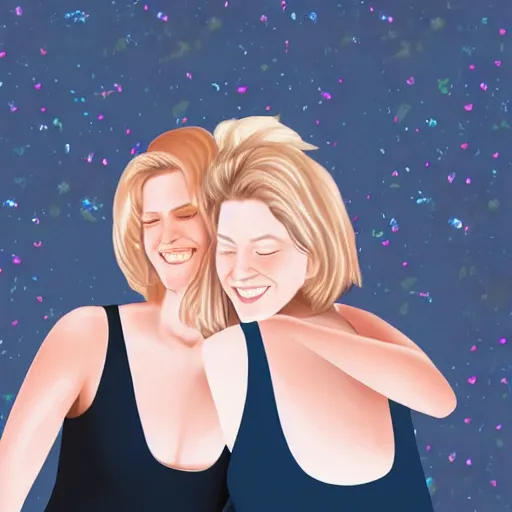 Image similar to two young beautiful blond women, smiling and hugging each other, digital art, illustration