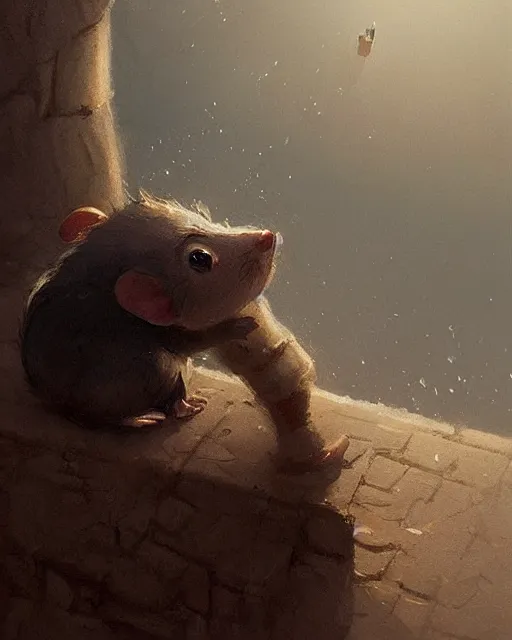 Image similar to viewed from behind, over the shoulder, a cute mouse looks upwards, viewed from behind, digital portrait by greg rutkowski, fantasy art, concept art, by disney concept artists, cinematic lighting, evening light, trending on artstation, cgsociety