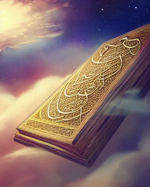 Image similar to the quran descending from the galaxy into clouds highly detailed, gold filigree, romantic storybook fantasy, soft cinematic lighting, award, pastel color palette, featured on artstation