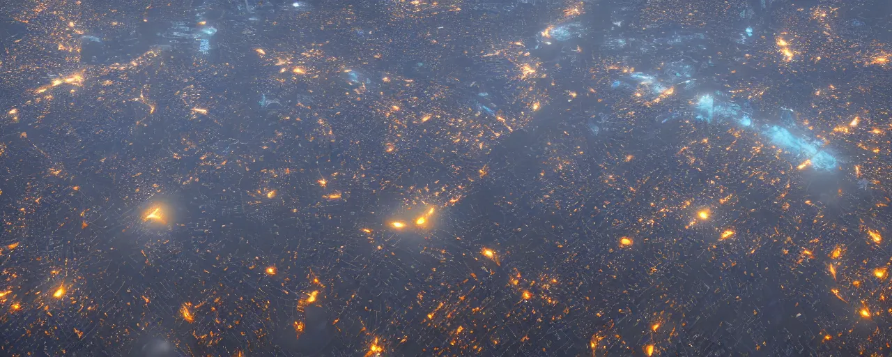 Image similar to a satellite image of city lights, cell automata, unreal engine, octane render, detailed and intricate, cloudy, global illumination, volumetric lighting, hubble telescope images, james webb telescope images, detailed and intricate environment, color graded