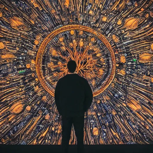 Prompt: a human man standing next to a cosmic tree, a sense of awe, amazement, monogon, plasma display, wooden, damascus, multiscopy, morph, in a symbolic and meaningful style, insanely detailed and intricate, hypermaximalist, elegant, ornate, hyper realistic, super detailed