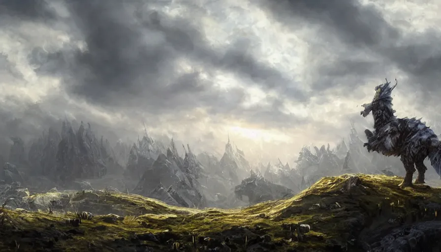 Image similar to Níðhöggr in a nordic landscape under bright daylight with fluffy clouds, set in the world of Guildwars2, painted by Hans Fredrik Gude, Greg Rutkowksi and Artgerm, concept art 2022, ultra realistic masterpiece, contrasting details vs blank areas, oil on canvas