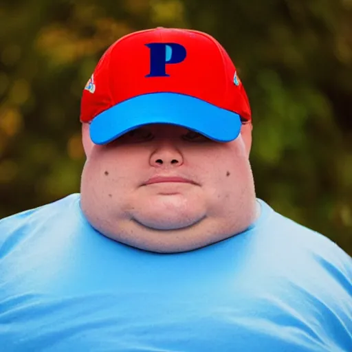 Image similar to crying obese man wearing a blue cap with a P on it