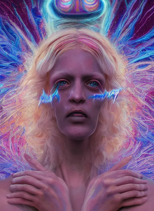 Image similar to portrait ultra dimensional cult girl shaman, accidentally tripping on dmt and acid, psychedelic experience, ascending through the fifth dimension moving at the speed of light and sitting still, ultra high definition, unreal engine 5, hyperrealism, masterpiece composition, by peter kemp, casey weldon, barclay shaw