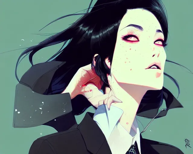 Image similar to a ultradetailed beautiful panting of a stylish woman wearing a shirt with a tie, she has black hair, by conrad roset, greg rutkowski and makoto shinkai, trending on artstation