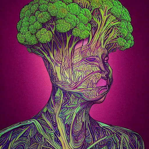 Image similar to the portrait of broccoli that resembles an unbelievably beautiful and sophisticated young woman, an ultrafine detailed illustration by james jean, intricate linework, bright colors, final fantasy, behance contest winner, vanitas, angular, altermodern, unreal engine 5 highly rendered, global illumination, radiant light, detailed and intricate environment