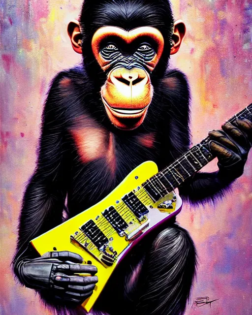 Prompt: a portrait of an anthropomorphic cyberpunk chimp shredding an electric guitar by sandra chevrier, by jon foster, detailed render, tape deck, epic composition, cybernetics, 4 k realistic, cryengine, realistic shaded lighting, sharp focus, masterpiece, by enki bilal