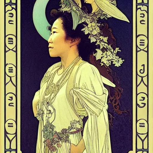 Image similar to sandra oh portrait by louis - theophile hingre and alphonse mucha, realistic, sharp focus, zodiac signs, tarot cards, planets, ethereal, art nouveau, magic, moon, sun, crown, dreamy, royal, jewellery