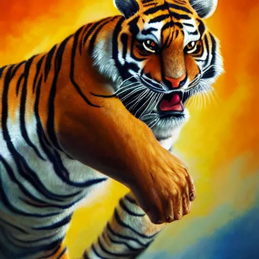 Prompt: an oil painting of a tiger dunking a basketball over Shaq Trending on Artstation, featured on Behance, well-rendered, fine detail, extra crisp image, Unreal Engine, 4K HD