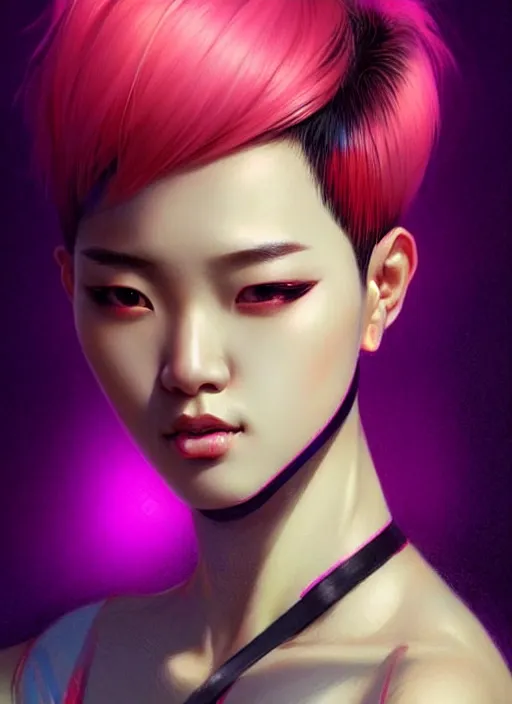 Image similar to portrait of asian female humanoid, crew cut colored hair, very details, elegant, cyber neon lights, highly detailed, digital illustration, trending in artstation, trending in pinterest, glamor pose, concept art, smooth, sharp focus, art by artgerm and greg rutkowski