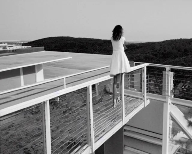 Image similar to a still of a young woman standing on a huge concrete white deck, high above the ground, of a minimalist beach house, outside view, low angle, clear sky and background, in the music video Wrapped Around your Finger (1983)