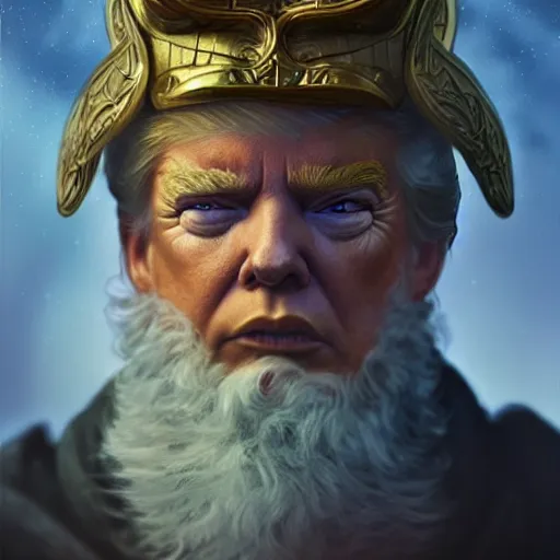 Image similar to donald trump as odin, intricate, elegant, highly detailed, digital painting, artstation, concept art, matte, illustration, hearthstone, art by artgerm and greg rutkowski and alphonse mucha, simon stalenhag, hyperreal