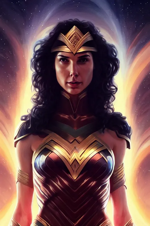 Prompt: Gal Gadot as Queen of the Cosmos, anatomy, only two hands, highly detailed, digital painting, artstation, concept art, smooth, sharp focus, illustration, Unreal Engine 5, 8K, art by art by artgerm and greg rutkowski and edgar maxence