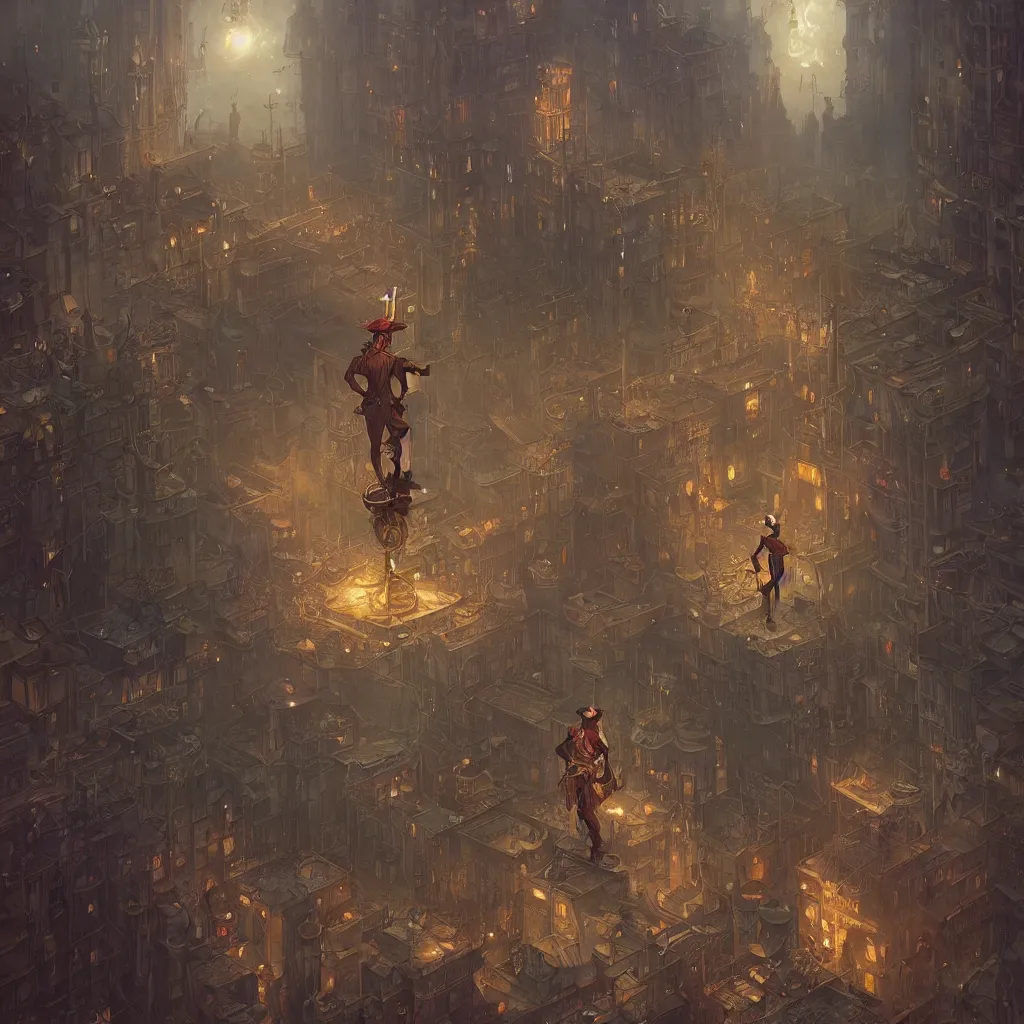 Image similar to tarot the fool standing in a steampunk city by peter mohrbacher and dan mumford and nekro, cgsociety, volumetric light, 3 d render