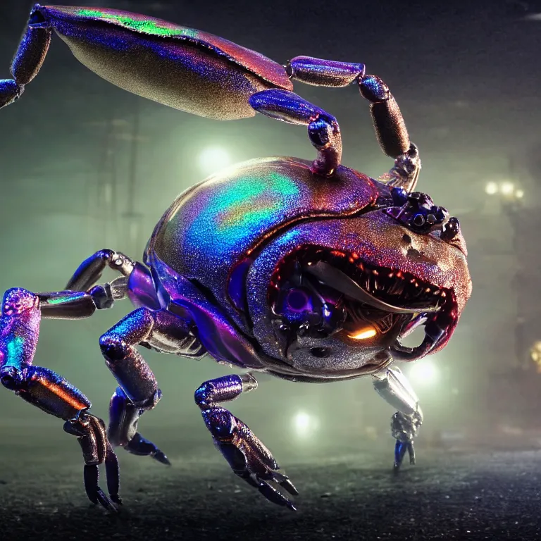 Image similar to vfx portrait shot by weta digital and industrial light and magic ilm, a colorful iridescent crab monster made out of shiny reflective silver metallic chrome with detailed intricate glowing bioluminescence, in the streets of a dark and moody seaside town, heavy fog, octane render, cinema 4 d, ray traced lighting, very short depth of field, bokeh