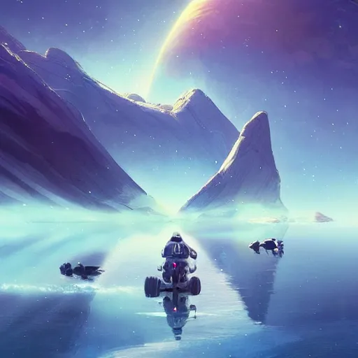 Image similar to Astronauts are riding some mythical animals, they are resting to the side of a reflecting lake, the surface of a planet has a wacky wildlife, some planets and nebulas are as background, by Jordan Grimmer digital art, trending on Artstation,