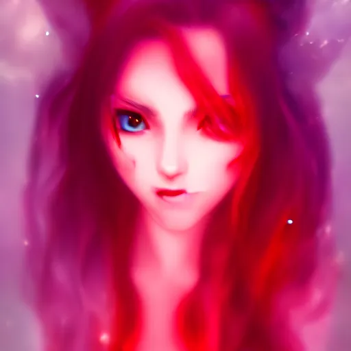 Prompt: advanced digital anime portrait art, a very cute and gorgeous succubus ,very long wavy fiery red hair, braided hair, white highlights in hair, fiery red watery eyes, full round face, amazing depth, highly detailed, trending on pixiv, Artstation, DeviantArt, Steven Artgerm Lau, WLOP, RossDraws, RuanJia, James Jean, Andrei Riabovitchev, Totorrl, Marc Simonetti, Laura Sava, Visual Key, and Sakimichan