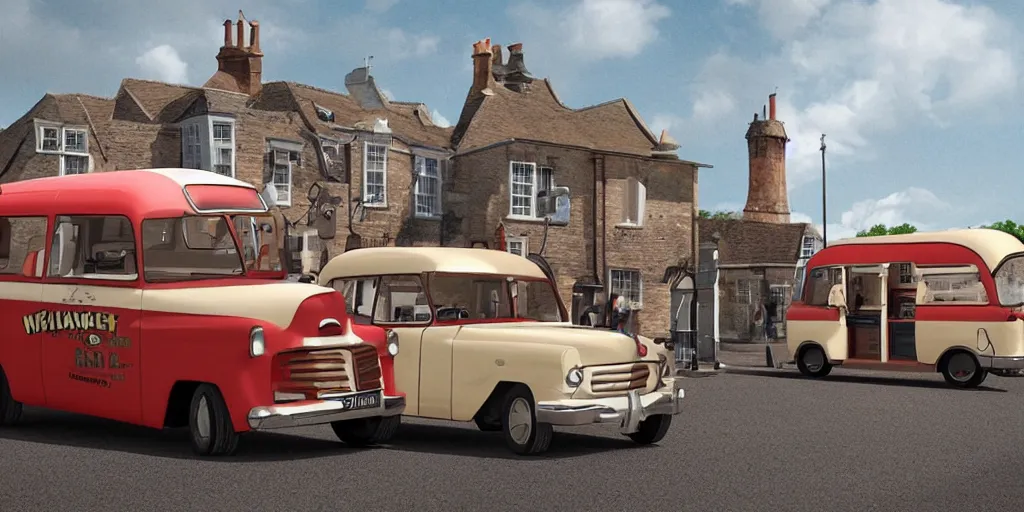 Image similar to digital matte glossy painting nostalgic 1 9 5 0 s ice cream van and village britain, detailed in the style of trevor mitchell