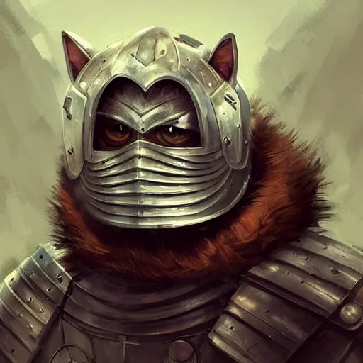 Prompt: cat wearing medieval suit of armor, illustration, concept art, art by wlop