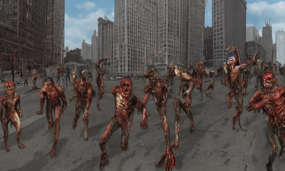 Prompt: Highly realistic digital art of zombies taking over downtown Chicago, trending on Artstation and 4chan