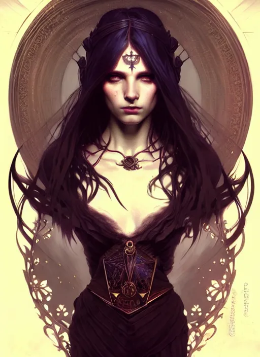 Image similar to Necromancer Sorceress, fantasy magic, undercut hairstyle, dark light night, intricate, elegant, sharp focus, illustration, highly detailed, digital painting, concept art, matte, art by WLOP and Artgerm and Greg Rutkowski and Alphonse Mucha, masterpiece