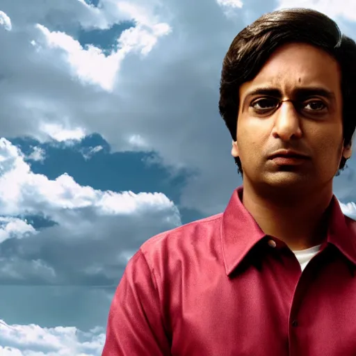 Image similar to Raj Koothrappali as Saul Goodman, promo poster, clouds in the background, cinematic light, 35 mm, film grain, movie, realistic, detailed face